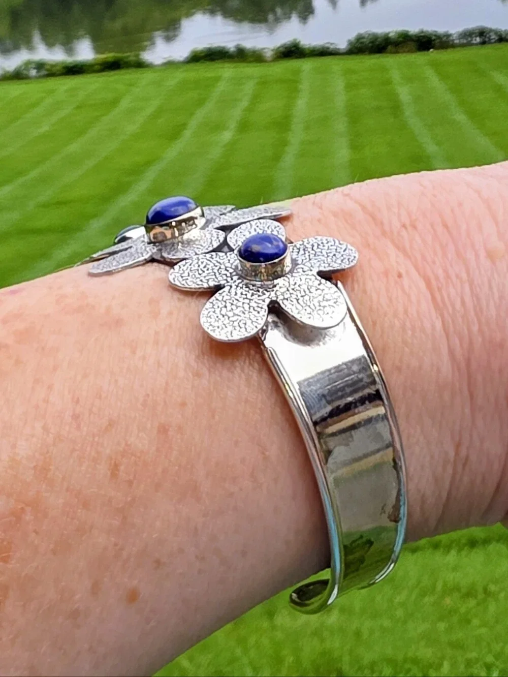 Lapis Lazuli Gemstone Cuff Bracelet In 925 Sterling Silver (Adjustable)